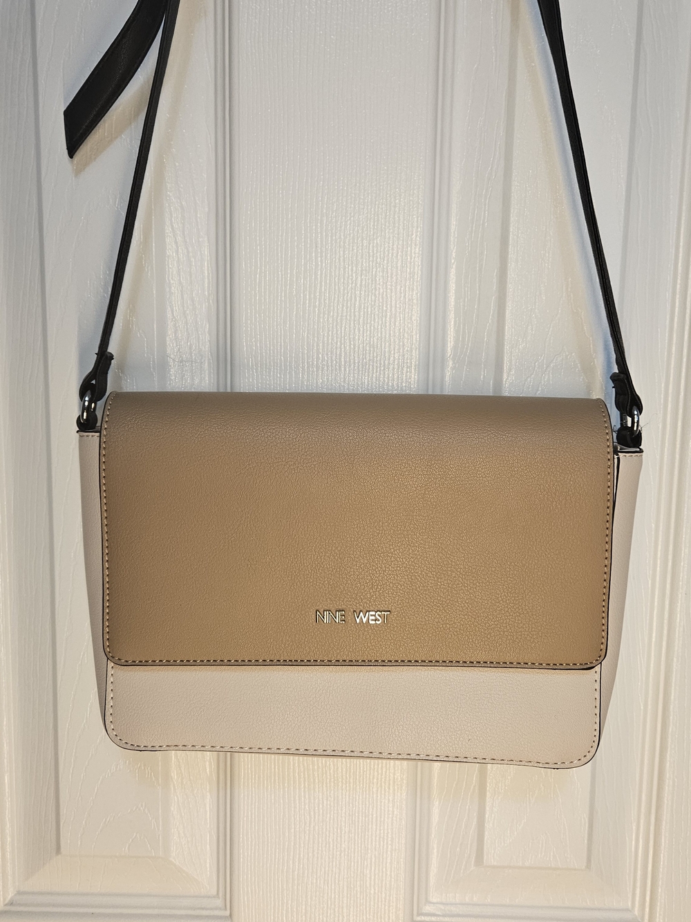 Nine West Tan and Cream Two-Tone Crossbody Bag with Black Strap
